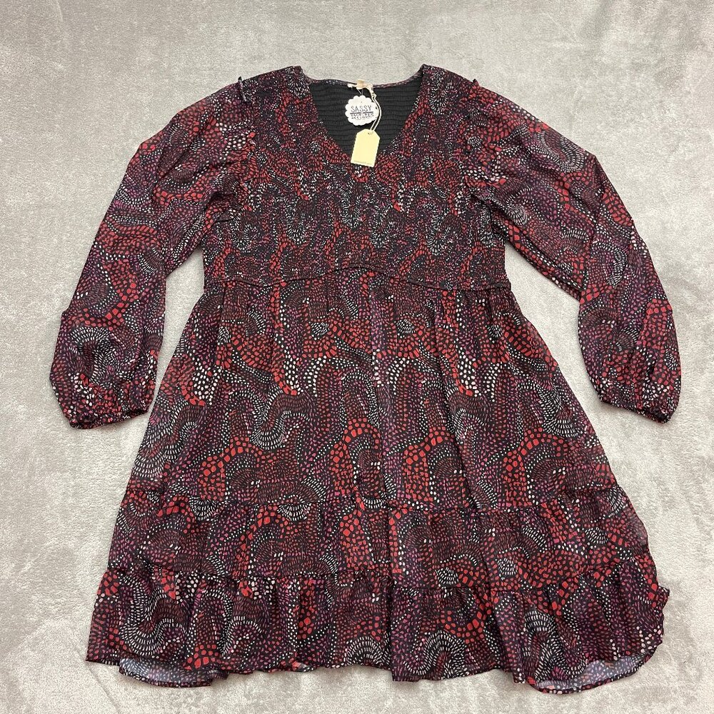 Jodifl Boho Dress Women Plus Size 2X Red Black Abstract Print Smocked V-Neck NWT